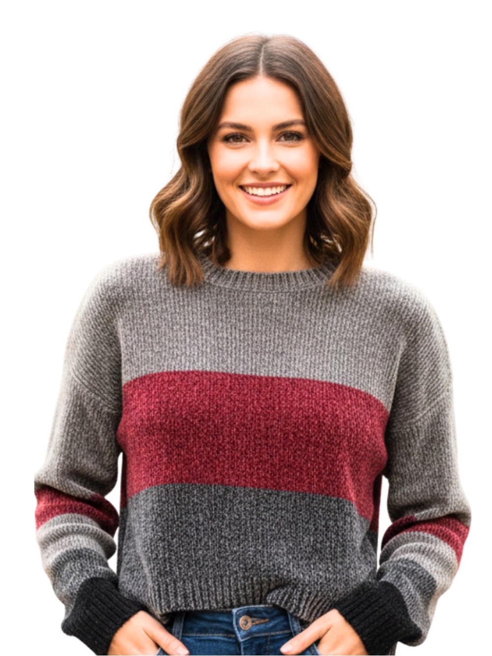 Volcom Bubble Tea Sweater Women’s Colorblock Cropped Knit Chenille Gray Red